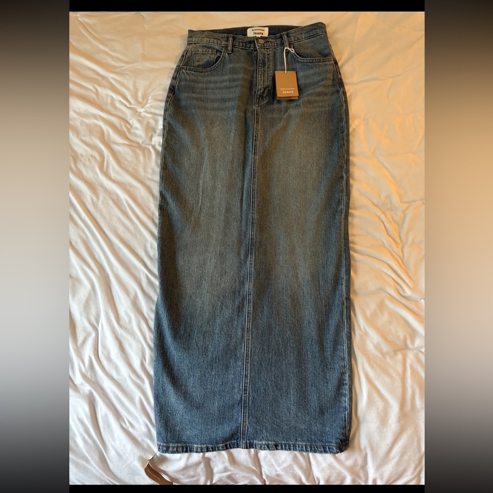 Reformation Daria Organic Cotton Denim Maxi Skirt Slit High Rise Merritt 30 NWT